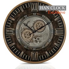 Han Clock Aged Copper Hareketli Çarklı Metal Duvar Saati - 60cm Bakır & Kahve