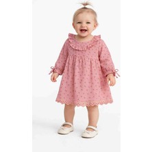 Tuffy Kız Bebek Çiçek Desenli Fırfır Yakalı Pamuklu Elbise – Dantel Detaylı  Bebek Elbisesi