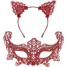 Fırsatkolik Romantik Kırmızı Dantel Maske Seti – Kedi Kulaklı Taç ve Maske 3 No
