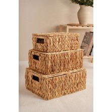 Nicoletta - 3 Lü Hasır Kapaklı Dikdörtgen Organizer Çok Amaçlı Sepet Seti