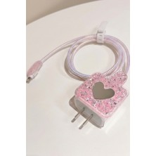 Pembe Kalp Detaylı Aynalı Şarj Kablosu ve Adaptör Koruyucu Kılıf