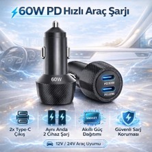 Coofbe Şarj Akım Korumalı 60W 2 Portlu Araç Şarj Aleti Araç Çakmaklık Şarj Aleti 2xtype-C Giriş 12V / 24V