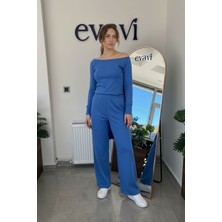 Evavi Kadın Baskısız Mavi Kayık Yaka Bluz ve Eşofman Altı Takımı