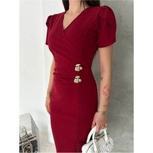 Sharin Kadın Bordo Krep Kumaş Kısa Kol Kruvaze Yaka Midi Boy Elbise 10E-2402