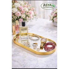 Asya Pazarlama Oval Aynalı Sunumluk Gold Tepsi, Altın Renk Ikramlık Tepsi, Duvara Asılabilen Dekor Tepsi 12X30