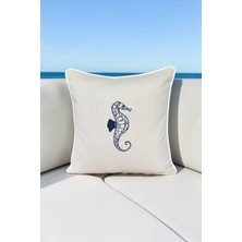 Visionario Kırlent Kılıfı 45X45 Marin Nakışlı Deniz Atı Desen Su Itici Outdoor Keten Beyaz Biyeli Tekne Bahçe