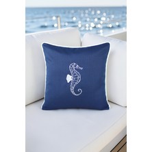 Visionario Kırlent Kılıfı 45X45 Marin Nakışlı Deniz Atı Desen Su Itici Outdoor Keten Beyaz Biyeli Tekne Bahçe