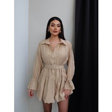 Esra Helvacı Brodeli Kemerli Mini Gömlek Elbise