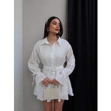 Esra Helvacı Brodeli Kemerli Mini Gömlek Elbise