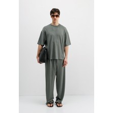 Vamos Fitilli Dokulu Oversize Tişört Haki