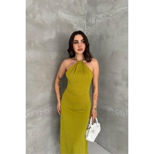 Neşeli Butik Kadın Yeşil Sırt Dekolteli Metal Yaka Midi Elbise NBK4543