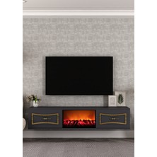 Demonte Decor TV0065-TXA150DD-32 Duvara Montaj Şömineli Tv Sehpası Antrasit-Altın