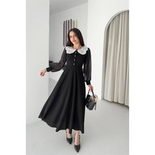 Neşeli Butik Kadın Siyah Dantel Yaka Krep Kumaş Düğme Detaylı Elbise NBK4586