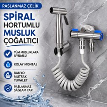 Polham Paslanmaz Çelik Spiral Hortumlu Musluk Çoğaltıcı – Çift Çıkışlı, Sprey Başlıklı, Banyo Tuvalet Lavabo Temizlik Seti