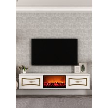 Demonte Decor TV0065-TXA150DD-32 Duvara Montaj Şömineli Tv Sehpası Beyaz-Altın