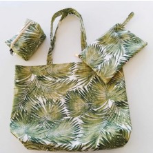 Duck Kumaş El ve Omuz Çanta Seti-3 Parça Egzotik Yazlık Çanta Seti-Yeşil Yaprak Figürlü Omuz, Makyaj ve Portföy Çantası Seti