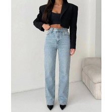 Herton Kadın Açık Mavi Yüksek Bel %100 Pamuk Jean Pantolon - Düz Kesim Straight Denim