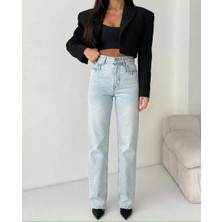 Herton Kadın Açık Mavi Yüksek Bel %100 Pamuk Jean Pantolon - Düz Kesim Straight Denim