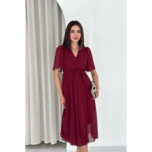 Neşeli Butik Kadın Bordo Kuşaklı Kruvaze Yaka Anvelop Şifon Elbise NBK4520