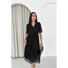 Neşeli Butik Kadın Siyah Kuşaklı Kruvaze Yaka Anvelop Şifon Elbise NBK4520
