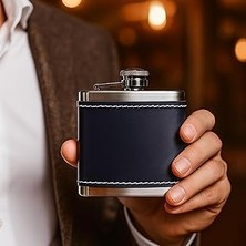 Indispensablely Perlotus 5 OZ-150 cc Hunili Lacivert Deri Kılıf Çelik Viski Konyak Matarası