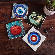 Indispensablely Nazar, Şahmeran, Nar Taş Bardak Altlığı Seti - 4 Parça - Dekoratif, Rustik Mutfak Aksesuarı, 10X10