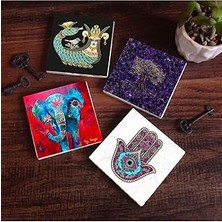 Indispensablely Ağacı, Fil, Fatma Ana Eli (Hamsa), Şahmeran Taş Bardak Altlığı Seti - 4 Parça - Dekoratif, Rustik M