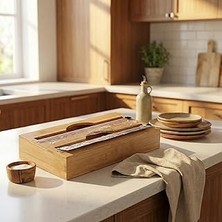 Indispensablely Bambu 2 Bölmeli Streç Alüminyum Folyo Kutusu | Duvara Monte Edilebilir Folyo | 17,5x9,5x1