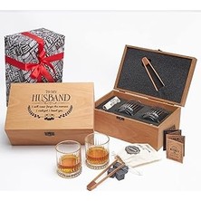 Indispensablely Husband Tasarımlı Ahşap Kutulu 2'li Glasgow Viski Kadeh Seti + 6 Soğutucu Taş
