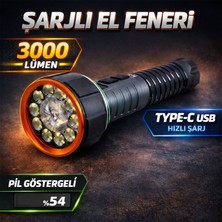 Badem10 Şarjlı Pil Göstergeli Mıknatıslı El Feneri 3000 Lümen 7 Mod USB Şarjlı LED Kamp Araç Tamir Feneri