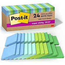 Indispensablely POST-IT%100 Geri Dönüşümlü Kağıt Süper Yapışkan Notlar, 2x Yapıştırma Gücü, 3x3 Inç, 24 Ped, 70 Yap