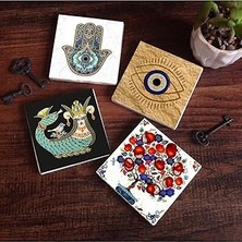 Indispensablely Nazar, Şahmeran, Nar Ağacı, Fatma Ana Eli (Hamsa) Taş Bardak Altlığı Seti - 4 Parça - Dekoratif, Ru