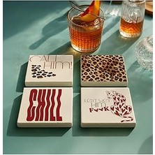 Indispensablely Leopar Desenli Motivasyon Doğal Taş Bardak Altlığı 4’lü Set, Masa Sunum Ürünü