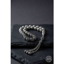 Erdobia 925 Ayar Küre Kesim 3 Kamçılı Püskül Bilek Boy Yuvarlak Kazaz Topu Işlemeli Otantik Gümüş Tesbih