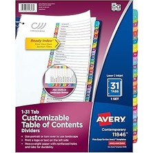 Indispensablely Avery 3 Halka Bağlayıcı Için 1-31 Tab Bölücüler, Özelleştirilebilir Içindekiler, Çok Renkli Sekmele