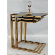 Çelsan Zipra 3’lü Zigon Sehpa Gold Metal Ayak Siyah Camlı