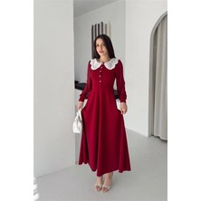 Dip Moda Kadın Kırmızı Dantel Yaka Krep Kumaş Düğme Detaylı Elbise DPK4586