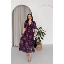 Dip Moda Kadın Bordo Kruvaze Yaka Desenli Midi Boy Şifon Elbise DPK4587