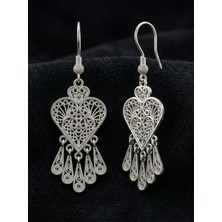 Erdobia 925 Ayar Gümüş Geleneksel Telkari Kalp Küpe - Damla Püskül Sallantılı El Işçiliği