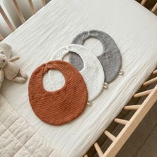 Boho Piccolo Tarçın, Beyaz, Gri Oval Önlük 3’lü %100 Pamuk Organik 8 Kat Müslin Bebek Mama Önlüğü / Salya Önlüğü / Yakalık