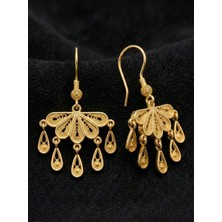 Erdobia 925 Ayar Gümüş Altın Kaplama Geleneksel Telkari Damla Püsküllü Yelpaze Küpe