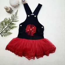 Diji Baby 2-3-4 Yaş Fiyonklu Düğme Detaylı Tül Etek Kot Kumaş Salopet Kız Çocuk Elbisesi