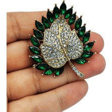 BB Bi Butik Shop Zümrüt Yeşili Markiz Kesim Kristal Taşlı Yaprak Broş - Altın Kaplama Lüks Ceket Yaka Iğnesi