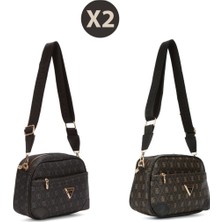 Newish Polo Kadın Monogram Desenli Uzun Askılı Çapraz Omuz Çantası 2 Adet – Siyah Kahve - NEWPOLO361