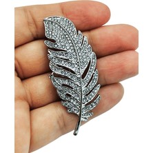 BB Bi Butik Shop Gümüş Kaplama Işıltılı Kristal Taşlı Tüy Broş - Lüks Tasarım Ceket ve Şal Yaka Iğnesi