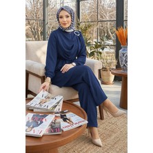 Hafsa Mina Yandan Tokalı Pantolonlu Ayrobin Takım Indigo HM2901