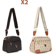 Newish Polo Kadın Monogram Desenli Uzun Askılı Çapraz Omuz Çantası 2 Adet – Bej - Siyah - NEWPOLO361