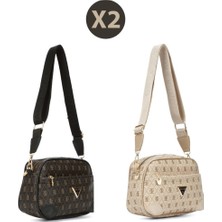 Newish Polo Kadın Monogram Desenli Uzun Askılı Çapraz Omuz Çantası 2 Adet – Kahve Bej - NEWPOLO361