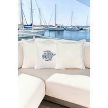 Visionario Kırlent Kılıfı 45X45 3'lü Set Marin Nakışlı Balık Desen Su Itici Outdoor Keten Tekne Bahçe