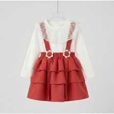 Lady Gold Kız Çocuk Bayramlık Dantel Detaylı Pamuklu Badi ve Askılı Elbise Takımı 2-5 Yaş Kırmızı